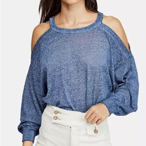 FREE PEOPLE We The Free‎ Top Womens XS Chill Out Long Sleeve Blue Cold Shoulder